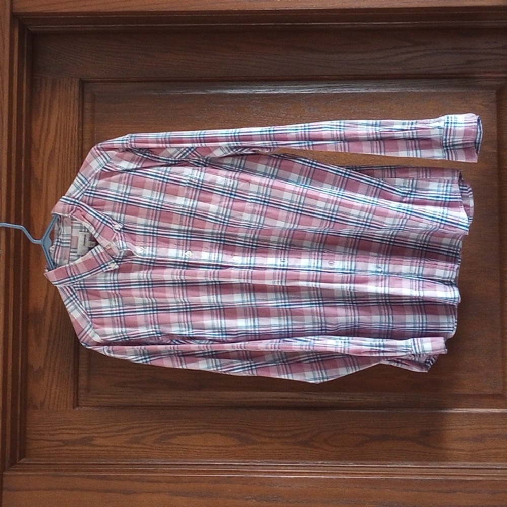 Men's button down long sleeve shirt, mauve blue white plaid, size XL